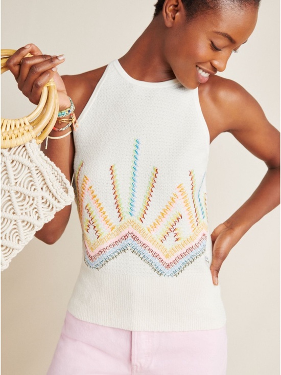 Anthropologie Tops - Anthropologie Sunrise Sweater Tank  Top - Neutral Cream With Colorful Embroidory
